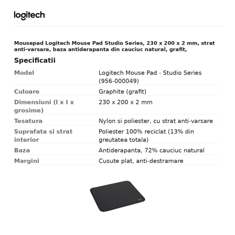 Mousepad Logitech Mouse Pad Studio Series, 230 x 200 x 2 mm, strat anti-varsare, baza antiderapanta din cauciuc natural, grafit, 956-000049 [2]