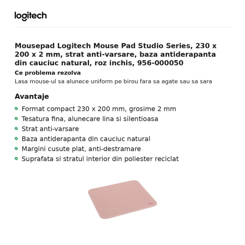Mousepad Logitech Mouse Pad Studio Series, 230 x 200 x 2 mm, strat anti-varsare, baza antiderapanta din cauciuc natural, roz inchis, 956-000050 [1]
