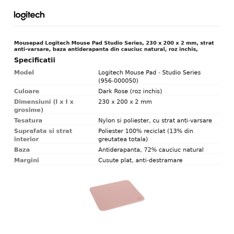 Mousepad Logitech Mouse Pad Studio Series, 230 x 200 x 2 mm, strat anti-varsare, baza antiderapanta din cauciuc natural, roz inchis, 956-000050 [2]