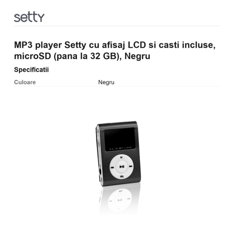 MP3 player Setty cu afisaj LCD si casti incluse, microSD (pana la 32 GB), Negru [2]