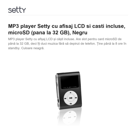 MP3 player Setty cu afisaj LCD si casti incluse, microSD (pana la 32 GB), Negru [1]