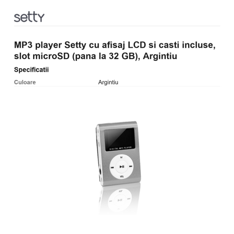 MP3 player Setty cu afisaj LCD si casti incluse, slot microSD (pana la 32 GB), Argintiu [2]