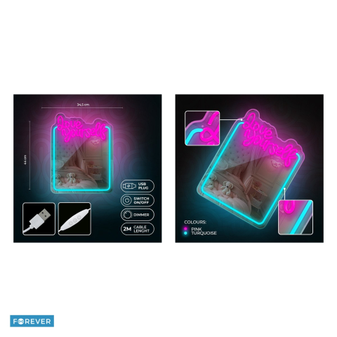 Neon LED cu oglinda Forever Light, Love Yourself, dimensiuni 345 x 18 x 440mm, turcoaz roz, cablu USB cu lungime 2m [4]