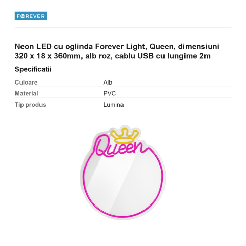 Neon LED cu oglinda Forever Light, Queen, dimensiuni 320 x 18 x 360mm, alb roz, cablu USB cu lungime 2m [2]