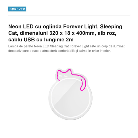Neon LED cu oglinda Forever Light, Sleeping Cat, dimensiuni 320 x 18 x 400mm, alb roz, cablu USB cu lungime 2m [1]