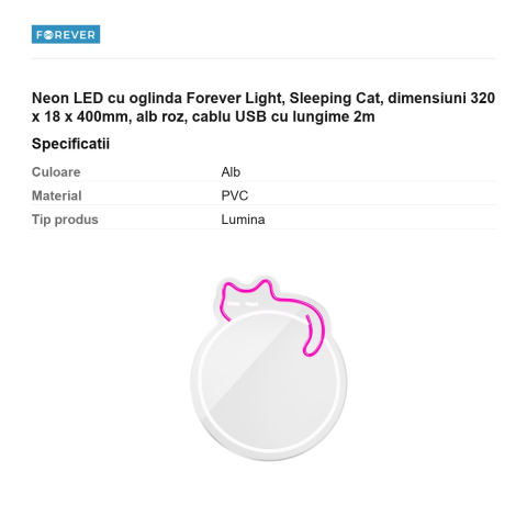 Neon LED cu oglinda Forever Light, Sleeping Cat, dimensiuni 320 x 18 x 400mm, alb roz, cablu USB cu lungime 2m [2]