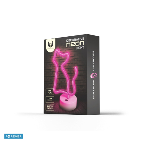 Neon LED cu suport Forever Light, Cat, dimensiuni 150 x 100 x 250mm, cablu USB cu lungime 2m, alimentare USB sau 3xAA, roz [3]