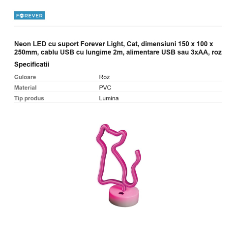 Neon LED cu suport Forever Light, Cat, dimensiuni 150 x 100 x 250mm, cablu USB cu lungime 2m, alimentare USB sau 3xAA, roz [2]