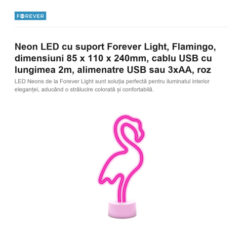 Neon LED cu suport Forever Light, Flamingo, dimensiuni 85 x 110 x 240mm, cablu USB cu lungimea 2m, alimenatre USB sau 3xAA, roz [1]