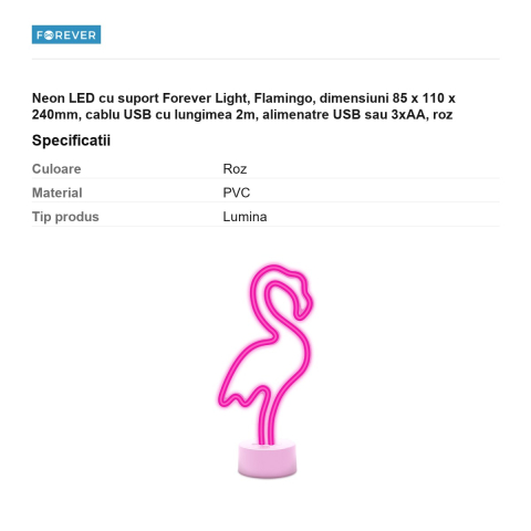 Neon LED cu suport Forever Light, Flamingo, dimensiuni 85 x 110 x 240mm, cablu USB cu lungimea 2m, alimenatre USB sau 3xAA, roz [2]
