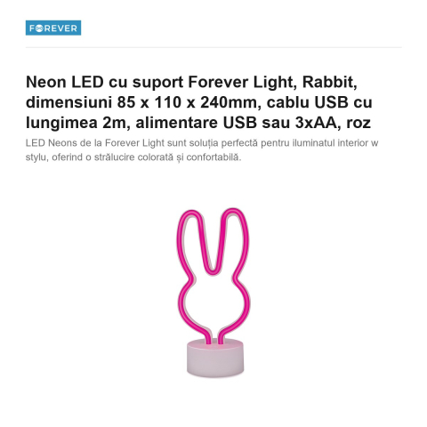 Neon LED cu suport Forever Light, Rabbit, dimensiuni 85 x 110 x 240mm, cablu USB cu lungimea 2m, alimentare USB sau 3xAA, roz [1]