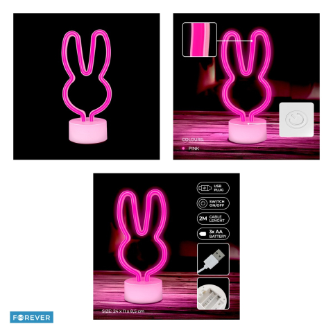 Neon LED cu suport Forever Light, Rabbit, dimensiuni 85 x 110 x 240mm, cablu USB cu lungimea 2m, alimentare USB sau 3xAA, roz [3]
