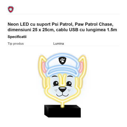 Neon LED cu suport Psi Patrol, Paw Patrol Chase, dimensiuni 25 x 25cm, cablu USB cu lungimea 1.5m [2]