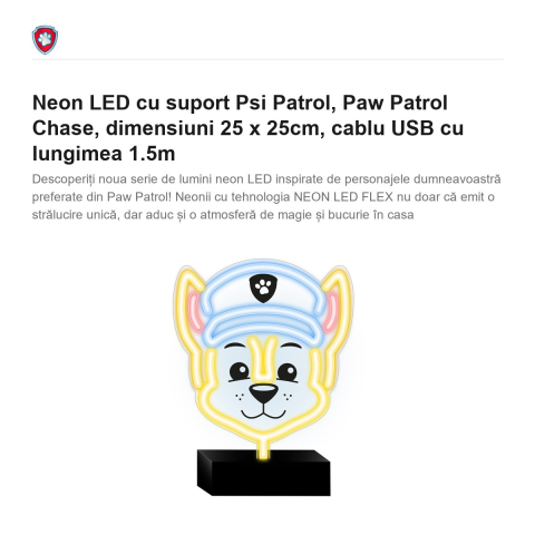 Neon LED cu suport Psi Patrol, Paw Patrol Chase, dimensiuni 25 x 25cm, cablu USB cu lungimea 1.5m [1]