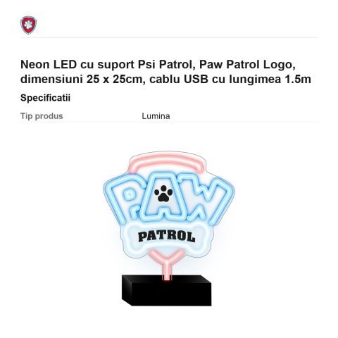 Neon LED cu suport Psi Patrol, Paw Patrol Logo, dimensiuni 25 x 25cm, cablu USB cu lungimea 1.5m [2]