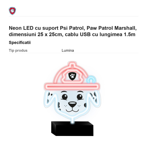Neon LED cu suport Psi Patrol, Paw Patrol Marshall, dimensiuni 25 x 25cm, cablu USB cu lungimea 1.5m [2]