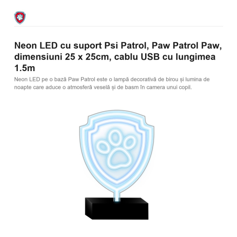 Neon LED cu suport Psi Patrol, Paw Patrol Paw, dimensiuni 25 x 25cm, cablu USB cu lungimea 1.5m [1]