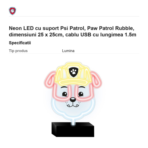 Neon LED cu suport Psi Patrol, Paw Patrol Rubble, dimensiuni 25 x 25cm, cablu USB cu lungimea 1.5m [2]