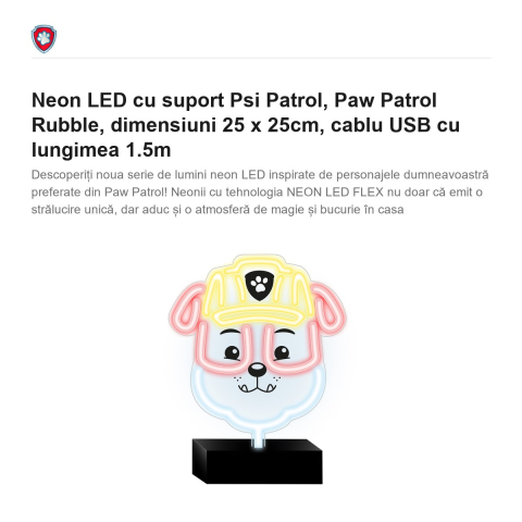 Neon LED cu suport Psi Patrol, Paw Patrol Rubble, dimensiuni 25 x 25cm, cablu USB cu lungimea 1.5m [1]