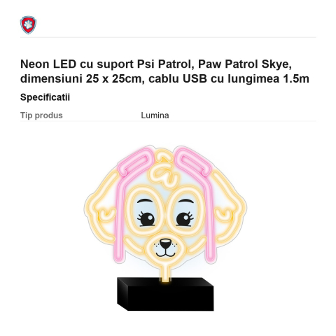 Neon LED cu suport Psi Patrol, Paw Patrol Skye, dimensiuni 25 x 25cm, cablu USB cu lungimea 1.5m [2]