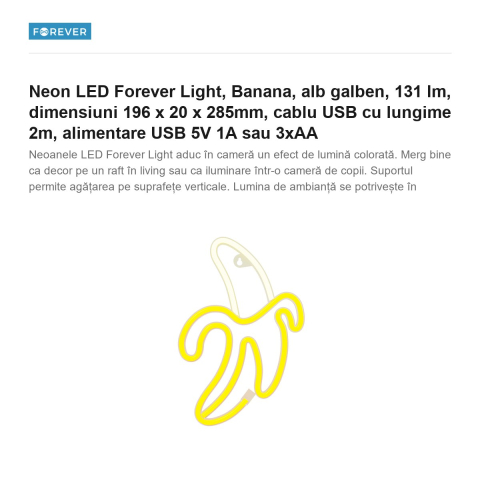 Neon LED Forever Light, Banana, alb galben, 131 lm, dimensiuni 196 x 20 x 285mm, cablu USB cu lungime 2m, alimentare USB 5V 1A sau 3xAA [1]