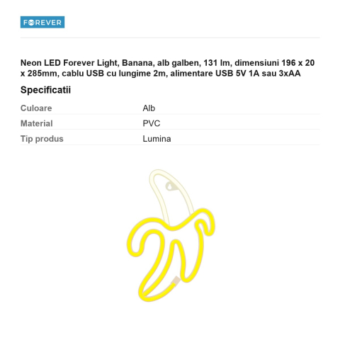 Neon LED Forever Light, Banana, alb galben, 131 lm, dimensiuni 196 x 20 x 285mm, cablu USB cu lungime 2m, alimentare USB 5V 1A sau 3xAA [2]