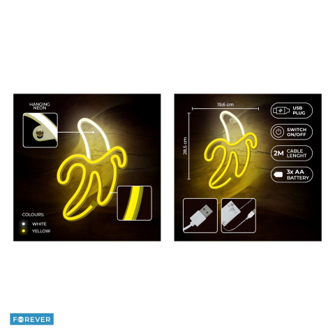 Neon LED Forever Light, Banana, alb galben, 131 lm, dimensiuni 196 x 20 x 285mm, cablu USB cu lungime 2m, alimentare USB 5V 1A sau 3xAA [4]