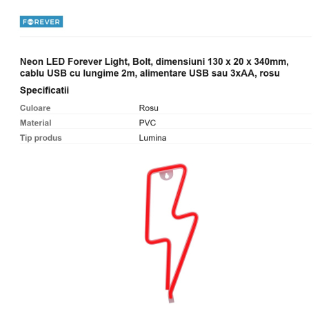 Neon LED Forever Light, Bolt, dimensiuni 130 x 20 x 340mm, cablu USB cu lungime 2m, alimentare USB sau 3xAA, rosu [2]