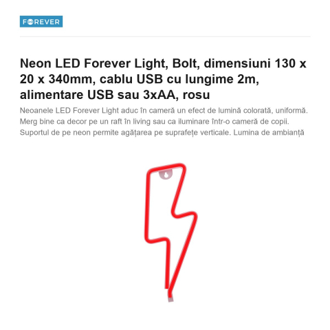 Neon LED Forever Light, Bolt, dimensiuni 130 x 20 x 340mm, cablu USB cu lungime 2m, alimentare USB sau 3xAA, rosu [1]