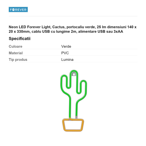 Neon LED Forever Light, Cactus, portocaliu verde, 25 lm dimensiuni 140 x 20 x 330mm, cablu USB cu lungime 2m, alimentare USB sau 3xAA [2]
