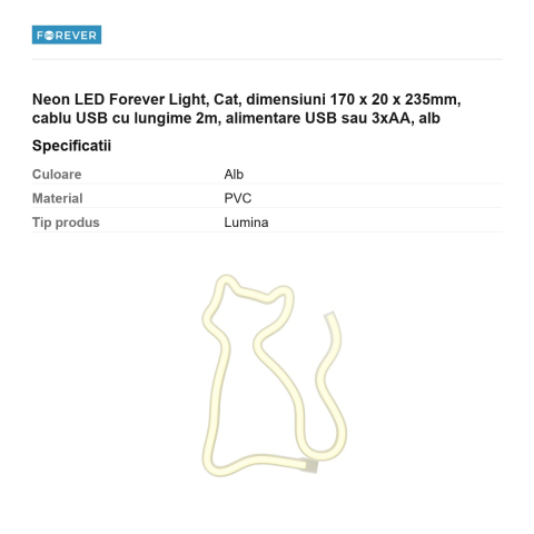 Neon LED Forever Light, Cat, dimensiuni 170 x 20 x 235mm, cablu USB cu lungime 2m, alimentare USB sau 3xAA, alb [2]
