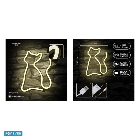 Neon LED Forever Light, Cat, dimensiuni 170 x 20 x 235mm, cablu USB cu lungime 2m, alimentare USB sau 3xAA, alb [4]