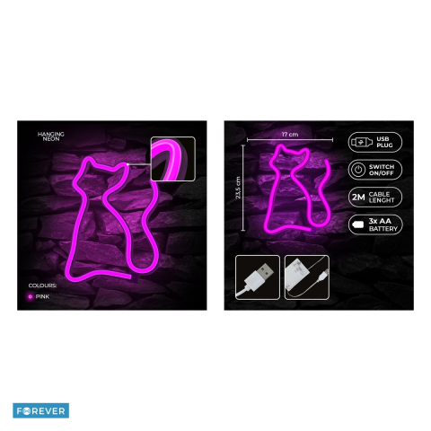 Neon LED Forever Light, Cat, dimensiuni 170 x 20 x 235mm, cablu USB cu lungime 2m, alimentare USB sau 3xAA, roz [4]