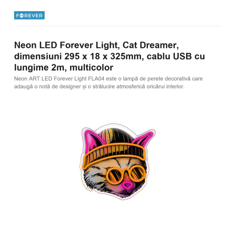 Neon LED Forever Light, Cat Dreamer, dimensiuni 295 x 18 x 325mm, cablu USB cu lungime 2m, multicolor [1]