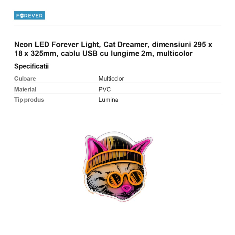 Neon LED Forever Light, Cat Dreamer, dimensiuni 295 x 18 x 325mm, cablu USB cu lungime 2m, multicolor [2]