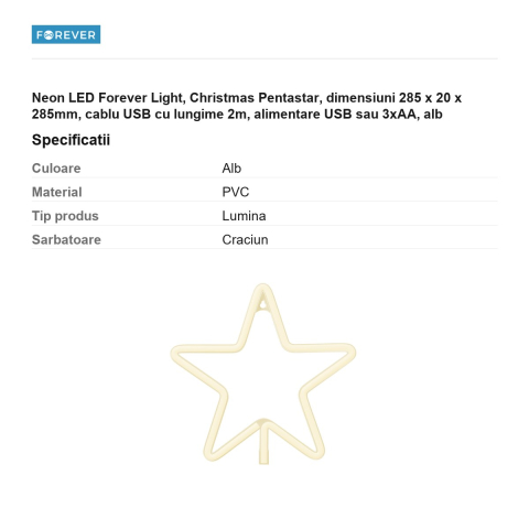 Neon LED Forever Light, Christmas Pentastar, dimensiuni 285 x 20 x 285mm, cablu USB cu lungime 2m, alimentare USB sau 3xAA, alb [2]