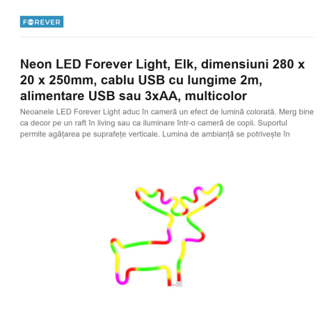 Neon LED Forever Light, Elk, dimensiuni 280 x 20 x 250mm, cablu USB cu lungime 2m, alimentare USB sau 3xAA, multicolor [1]