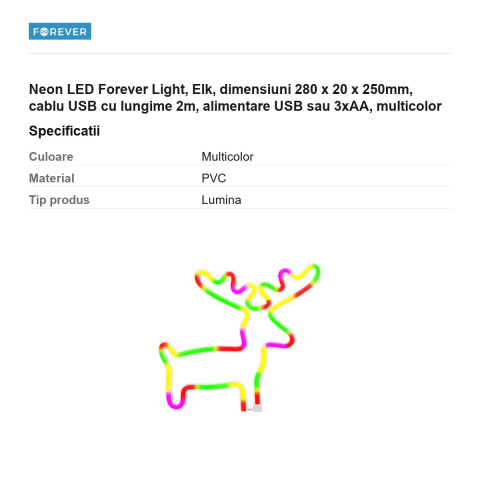 Neon LED Forever Light, Elk, dimensiuni 280 x 20 x 250mm, cablu USB cu lungime 2m, alimentare USB sau 3xAA, multicolor [2]