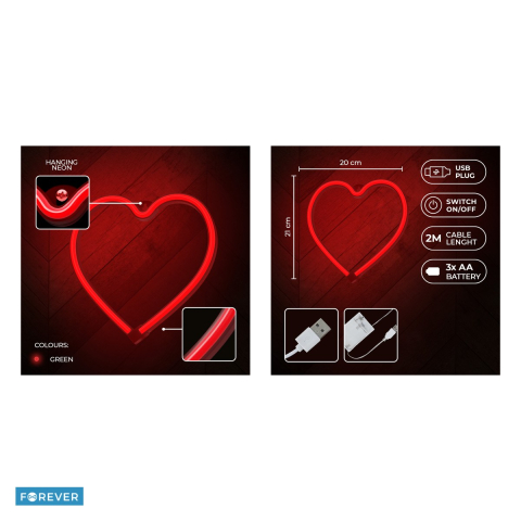 Neon LED Forever Light, Heart, dimensiuni 200 x 20 x 210mm, cablu USB cu lungime 2m, alimentare USB sau 3AA, rosu [4]