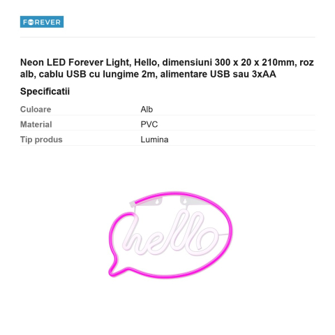 Neon LED Forever Light, Hello, dimensiuni 300 x 20 x 210mm, roz alb, cablu USB cu lungime 2m, alimentare USB sau 3xAA [2]