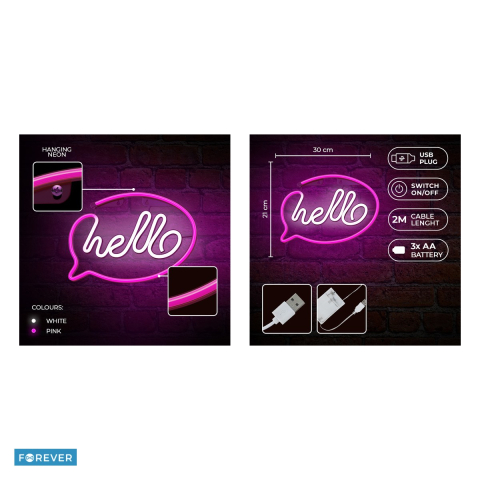 Neon LED Forever Light, Hello, dimensiuni 300 x 20 x 210mm, roz alb, cablu USB cu lungime 2m, alimentare USB sau 3xAA [4]