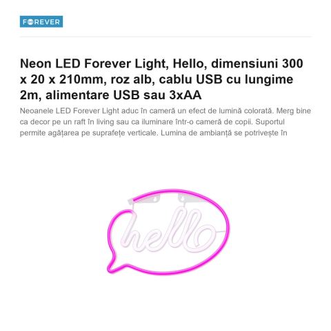 Neon LED Forever Light, Hello, dimensiuni 300 x 20 x 210mm, roz alb, cablu USB cu lungime 2m, alimentare USB sau 3xAA [1]