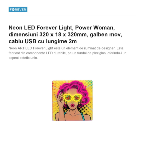 Neon LED Forever Light, Power Woman, dimensiuni 320 x 18 x 320mm, galben mov, cablu USB cu lungime 2m [1]