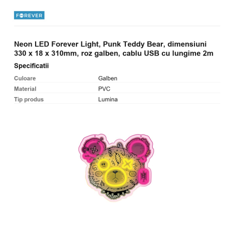 Neon LED Forever Light, Punk Teddy Bear, dimensiuni 330 x 18 x 310mm, roz galben, cablu USB cu lungime 2m [2]
