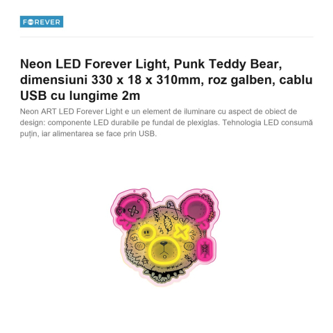 Neon LED Forever Light, Punk Teddy Bear, dimensiuni 330 x 18 x 310mm, roz galben, cablu USB cu lungime 2m [1]