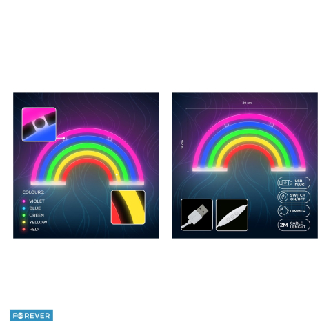Neon LED Forever Light, Rainbow, dimensiuni 300 x 20 x 160mm, cablu USB cu lungime 2m, alimentare USB sau 3xAA, multicolor [4]