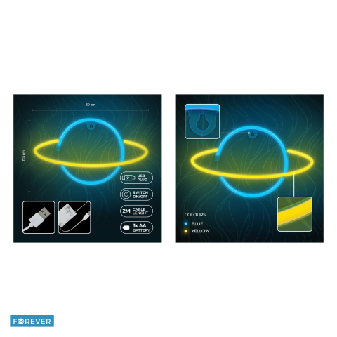 Neon LED Forever Light, Saturn, galben albastru, dimensiuni 300 x 25 x 175mm, cablu USB cu lungime 2m, alimentare USB sau 3xAA [4]