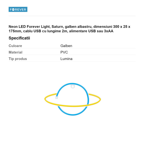 Neon LED Forever Light, Saturn, galben albastru, dimensiuni 300 x 25 x 175mm, cablu USB cu lungime 2m, alimentare USB sau 3xAA [2]