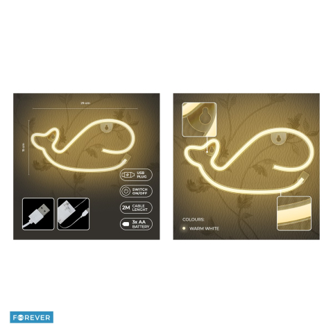 Neon LED Forever Light, Whale, dimensiuni 290 x 23 x 150mm, cablu USB cu lungime 2m, alimentare USB sau 3xAA, alb [4]
