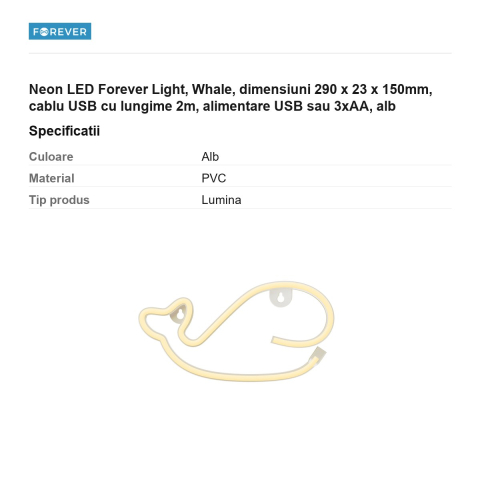 Neon LED Forever Light, Whale, dimensiuni 290 x 23 x 150mm, cablu USB cu lungime 2m, alimentare USB sau 3xAA, alb [2]